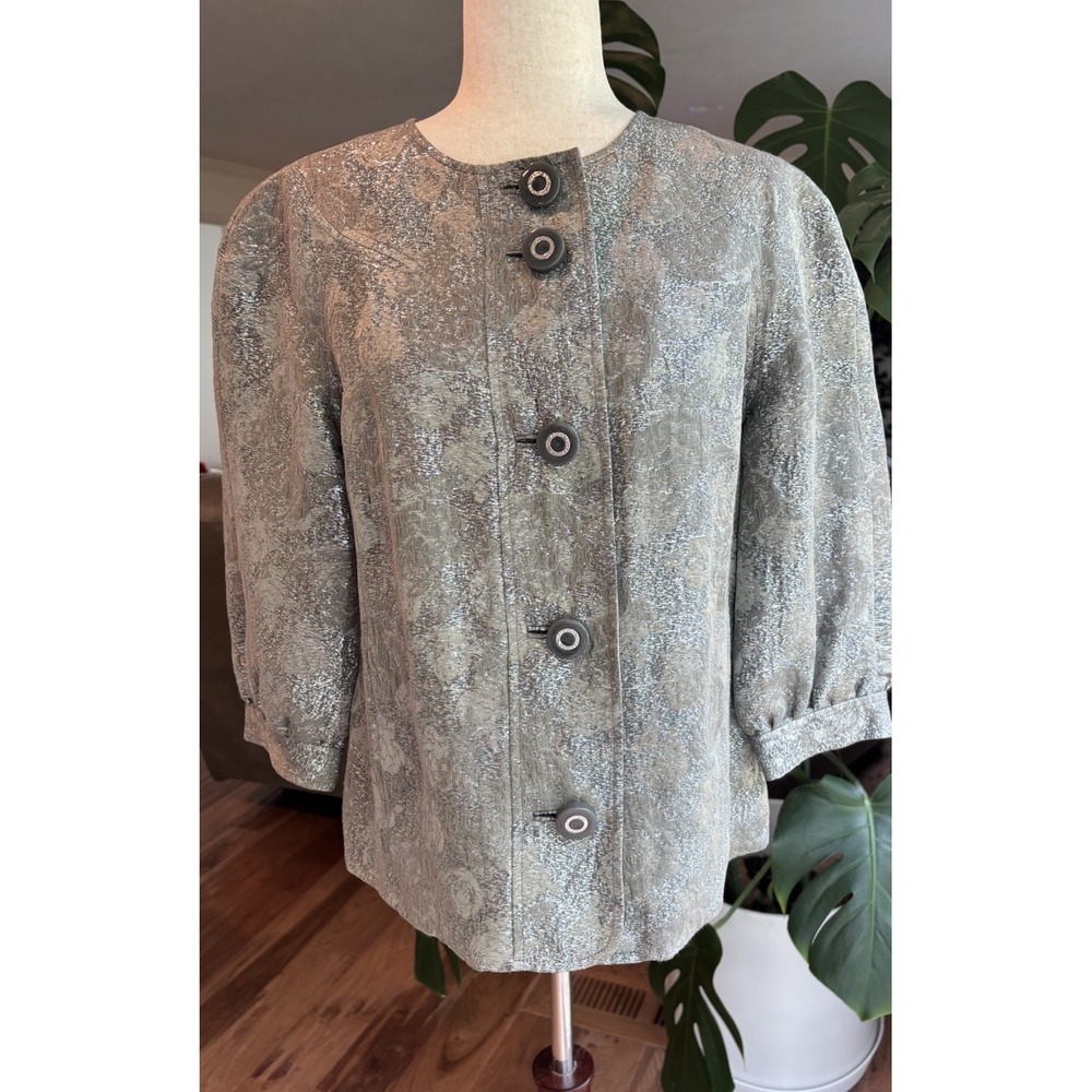 Tory Burch Metallic Silver Floral Cropped Silk Women's Blazer Jacket Size 10